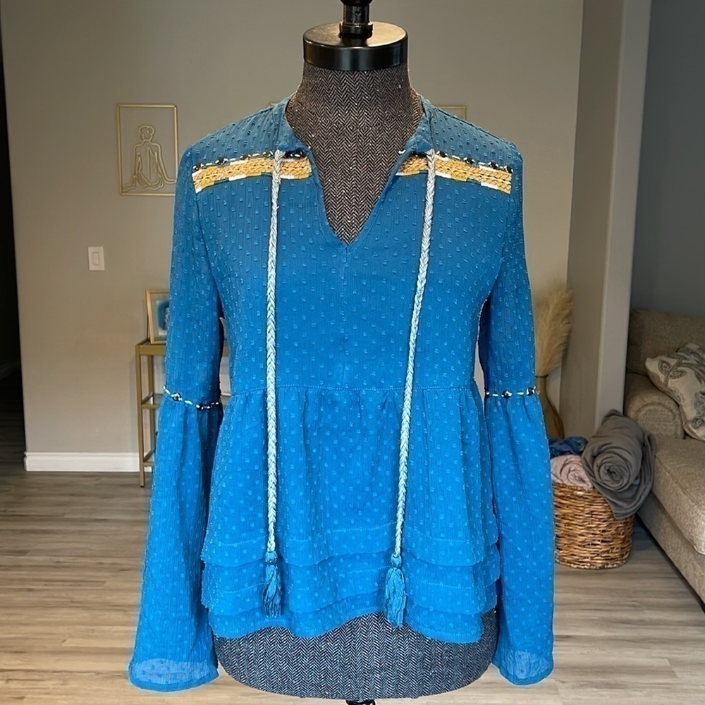 Blue Rain Boho Peasant Bell Sleeve Blouse Size Small